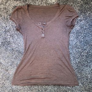 Brown y2k top, half button, ribbed, ruched sleeves, teen, junior